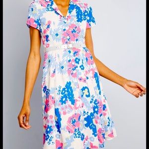 Modcloth Notch Collar Pink/ Blue Floral Print Dress With Silver Belt Size L NWT